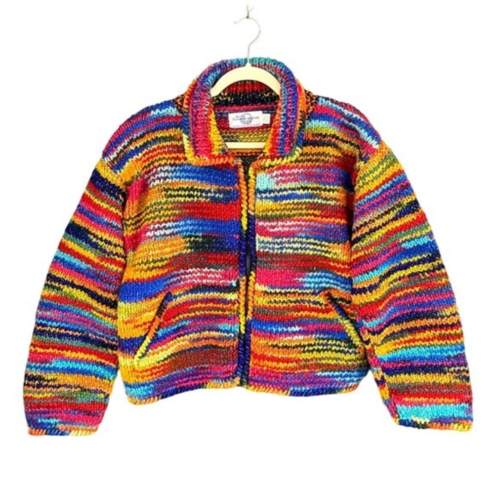 Wool‎ Knit Sweater Jacket Rainbow Colorful Striped Cardigan Womens